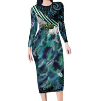 Turquoise Traditional Cloak Aotearoa Family Matching Long Sleeve Bodycon Dress and Hawaiian Shirt Maori Paua Shell Korowai Pattern LT14 Mom's Dress Turquoise - Polynesian Pride