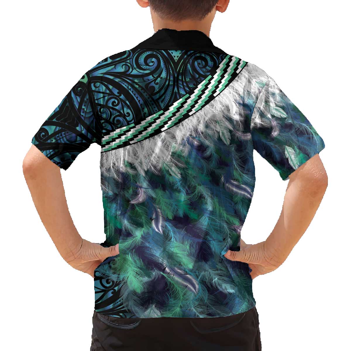 Turquoise Traditional Cloak Aotearoa Family Matching Off The Shoulder Long Sleeve Dress and Hawaiian Shirt Maori Paua Shell Korowai Pattern LT14 - Polynesian Pride