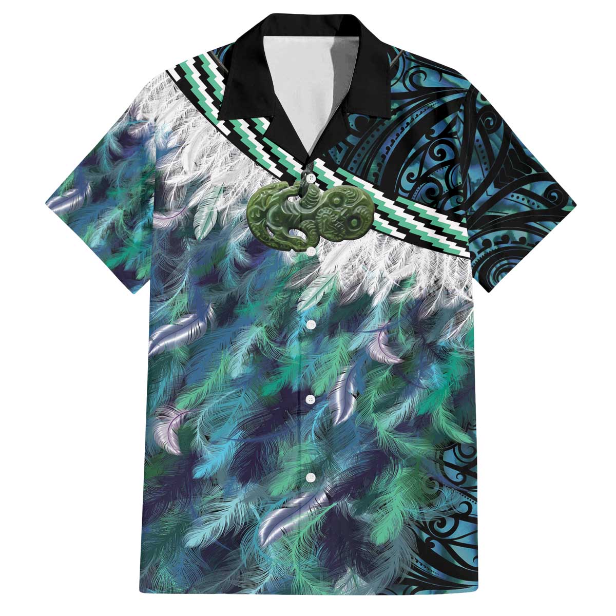 Turquoise Traditional Cloak Aotearoa Family Matching Off The Shoulder Long Sleeve Dress and Hawaiian Shirt Maori Paua Shell Korowai Pattern LT14 Dad's Shirt - Short Sleeve Turquoise - Polynesian Pride