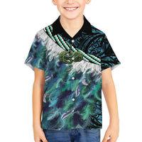 Turquoise Traditional Cloak Aotearoa Family Matching Off The Shoulder Long Sleeve Dress and Hawaiian Shirt Maori Paua Shell Korowai Pattern LT14 Son's Shirt Turquoise - Polynesian Pride