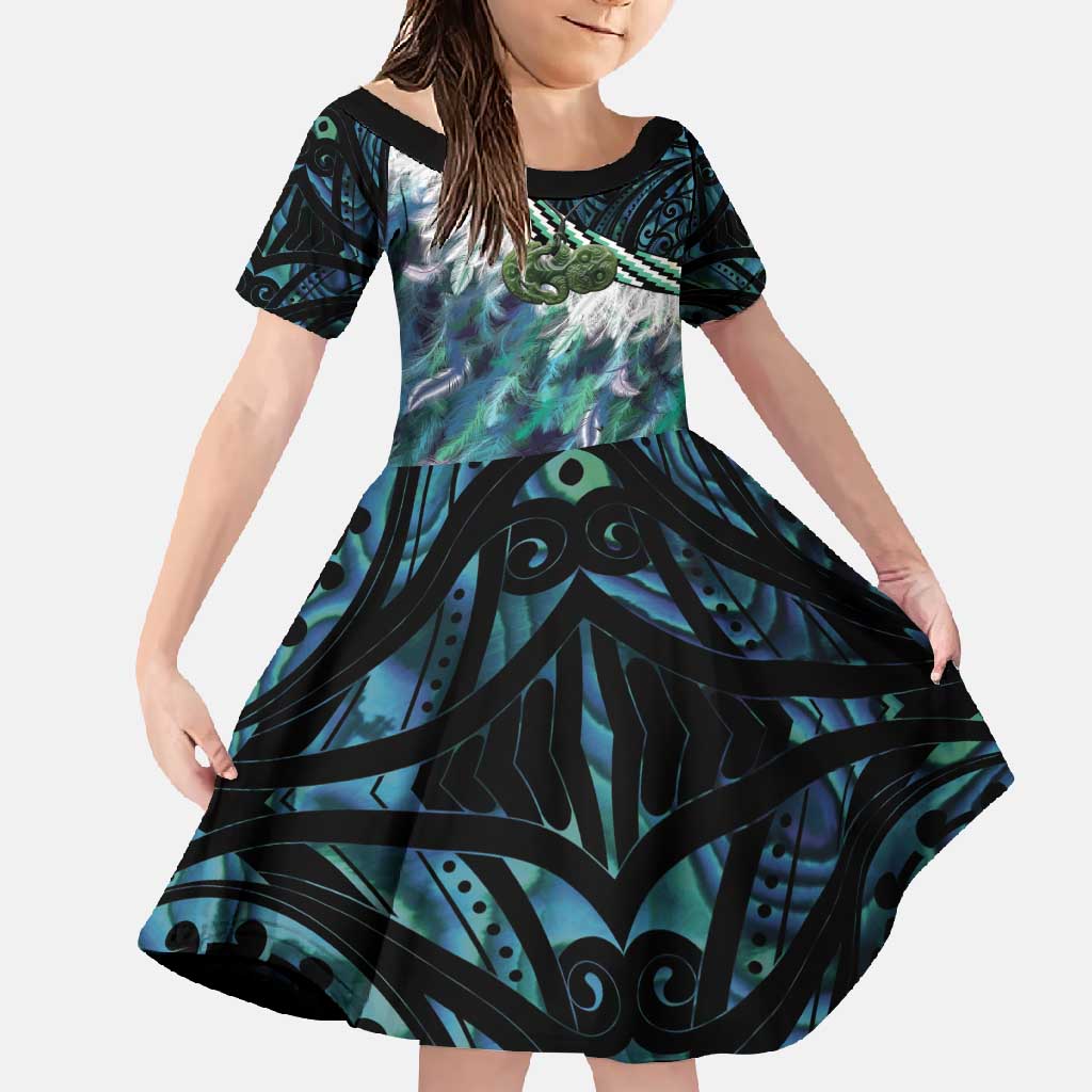 Turquoise Traditional Cloak Aotearoa Family Matching Off Shoulder Maxi Dress and Hawaiian Shirt Maori Paua Shell Korowai Pattern LT14 Daughter's Dress Turquoise - Polynesian Pride