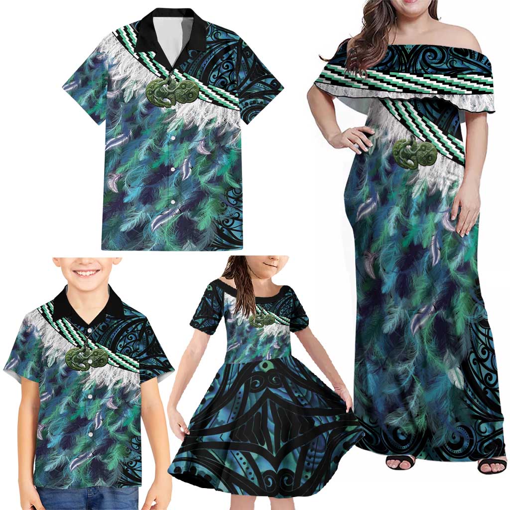 Turquoise Traditional Cloak Aotearoa Family Matching Off Shoulder Maxi Dress and Hawaiian Shirt Maori Paua Shell Korowai Pattern LT14 - Polynesian Pride