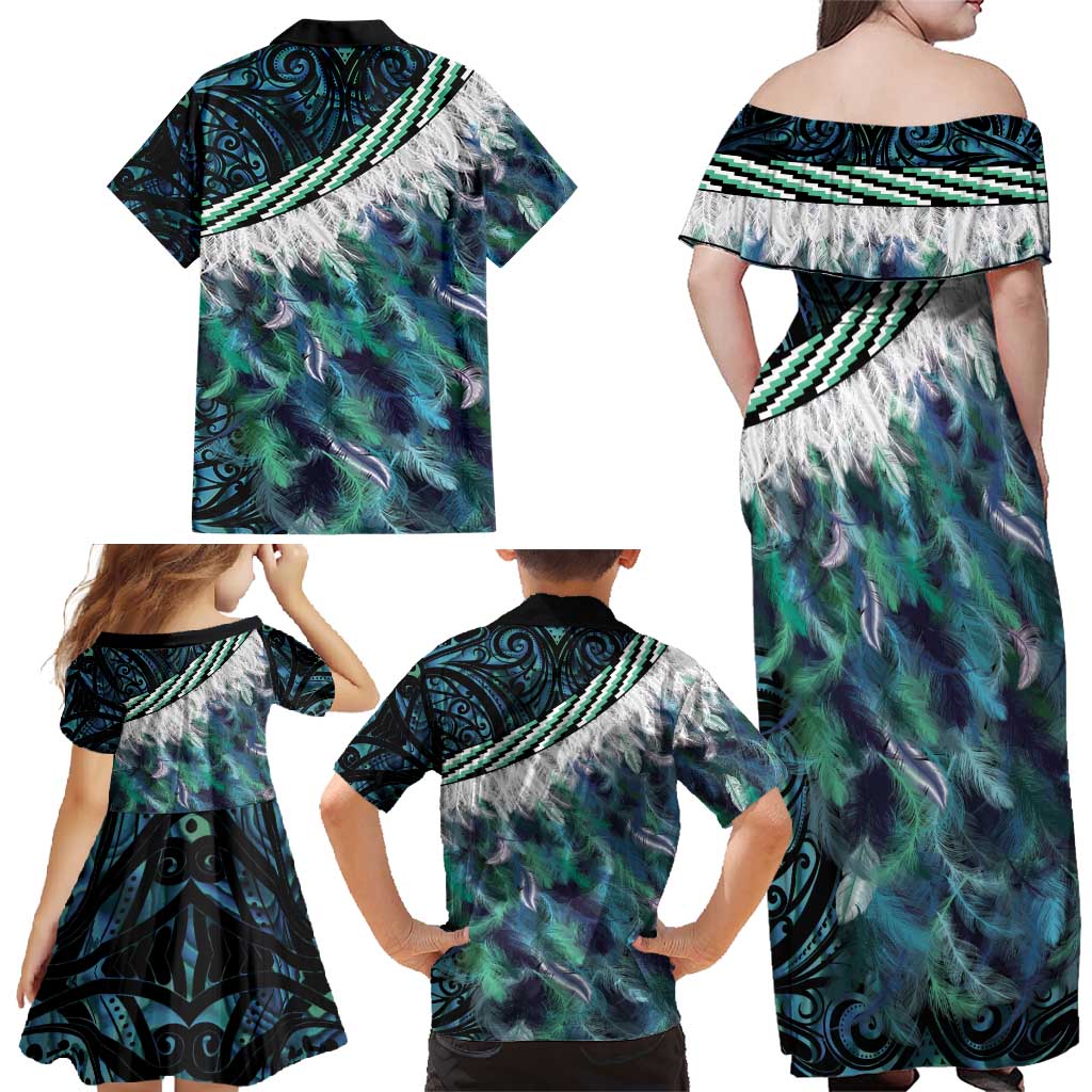 Turquoise Traditional Cloak Aotearoa Family Matching Off Shoulder Maxi Dress and Hawaiian Shirt Maori Paua Shell Korowai Pattern LT14 - Polynesian Pride