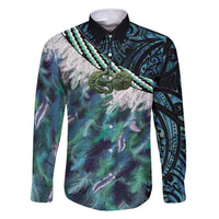 Turquoise Traditional Cloak Aotearoa Family Matching Off Shoulder Maxi Dress and Hawaiian Shirt Maori Paua Shell Korowai Pattern LT14 Dad's Shirt - Long Sleeve Turquoise - Polynesian Pride