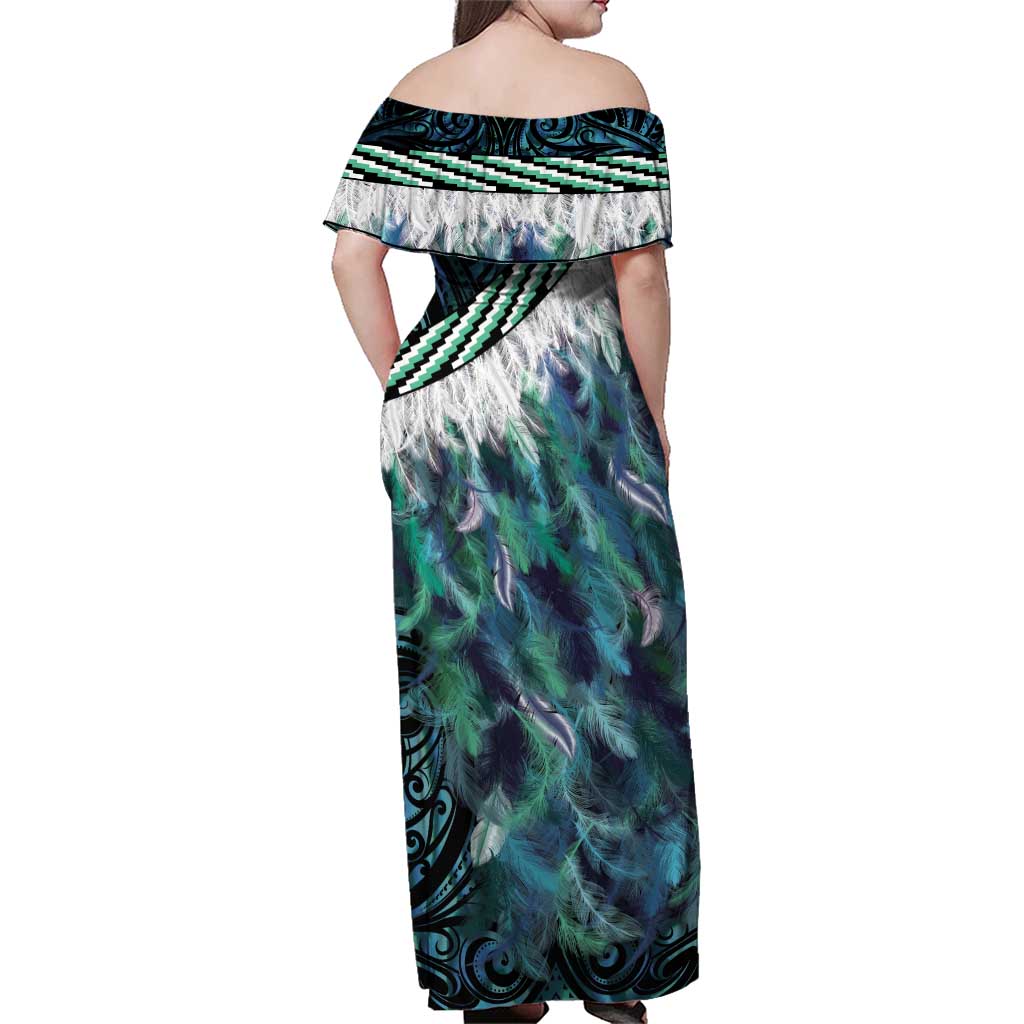 Turquoise Traditional Cloak Aotearoa Family Matching Off Shoulder Maxi Dress and Hawaiian Shirt Maori Paua Shell Korowai Pattern LT14 - Polynesian Pride