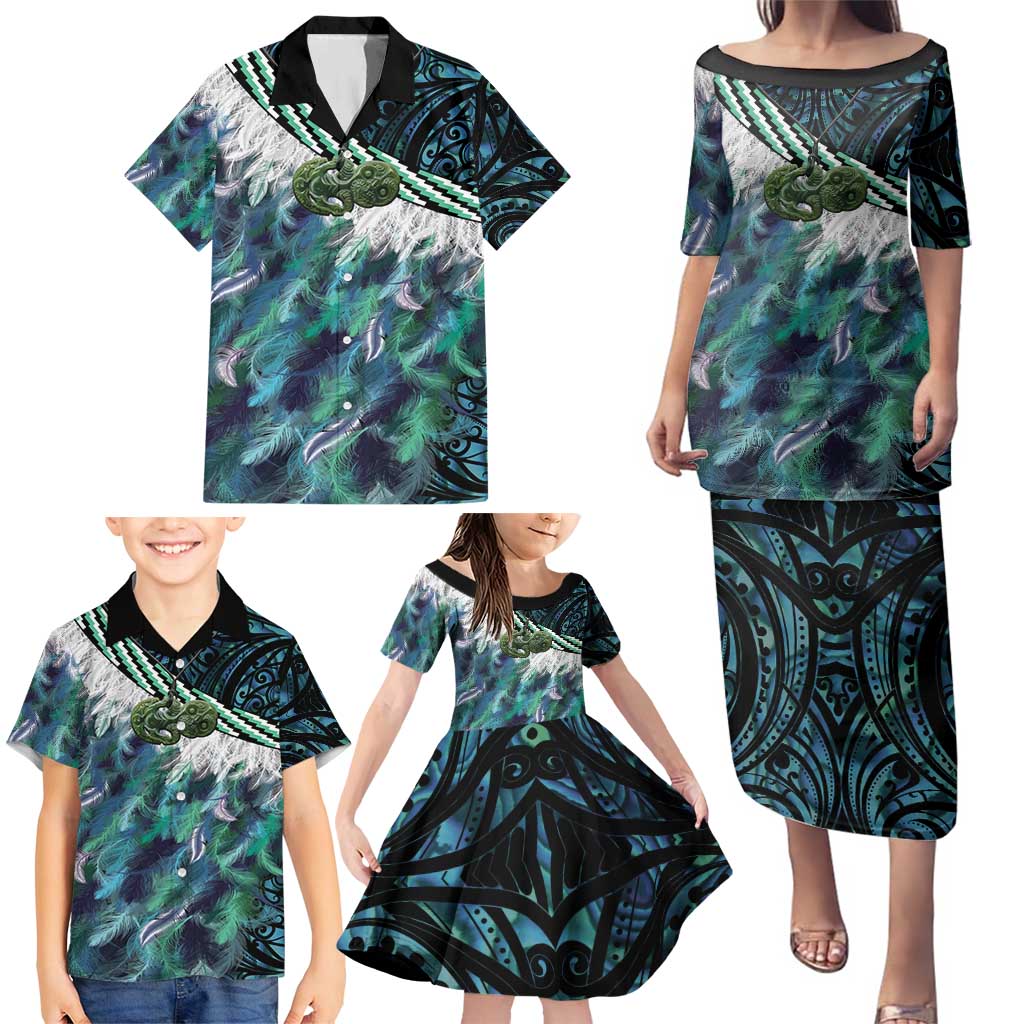 Turquoise Traditional Cloak Aotearoa Family Matching Puletasi and Hawaiian Shirt Maori Paua Shell Korowai Pattern LT14 - Polynesian Pride