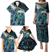 Turquoise Traditional Cloak Aotearoa Family Matching Puletasi and Hawaiian Shirt Maori Paua Shell Korowai Pattern LT14 - Polynesian Pride