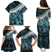 Turquoise Traditional Cloak Aotearoa Family Matching Puletasi and Hawaiian Shirt Maori Paua Shell Korowai Pattern LT14 - Polynesian Pride