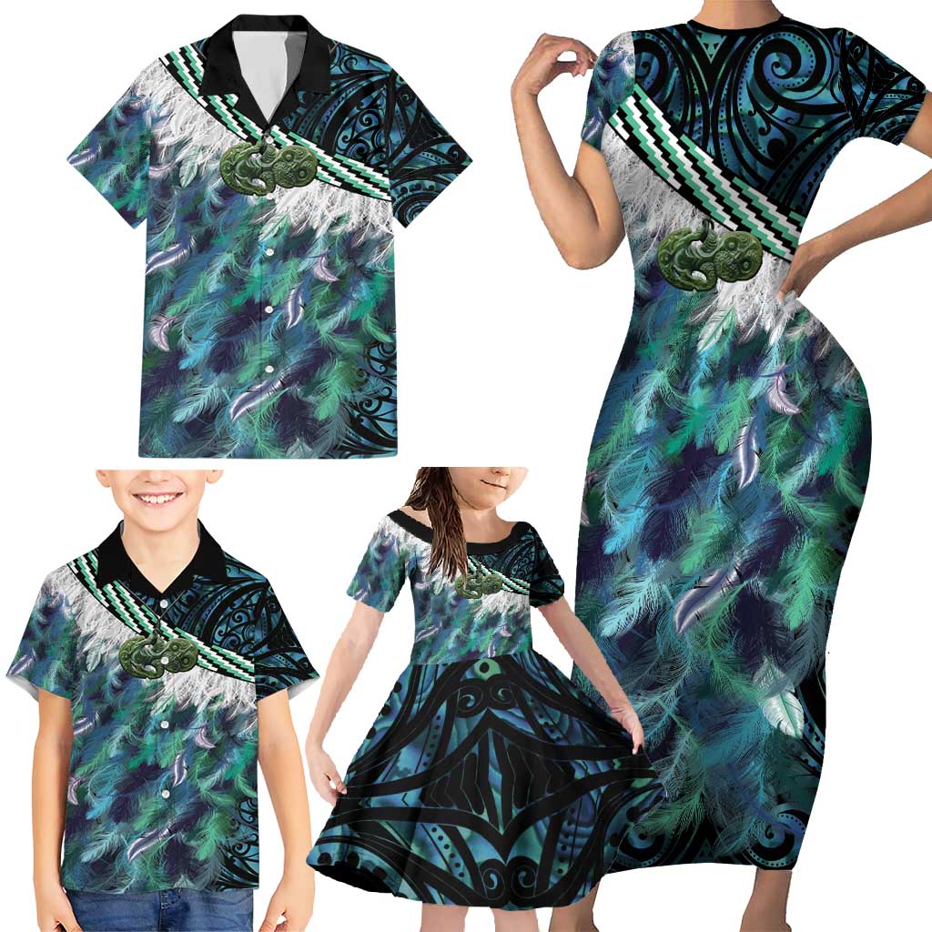 Turquoise Traditional Cloak Aotearoa Family Matching Short Sleeve Bodycon Dress and Hawaiian Shirt Maori Paua Shell Korowai Pattern LT14 - Polynesian Pride