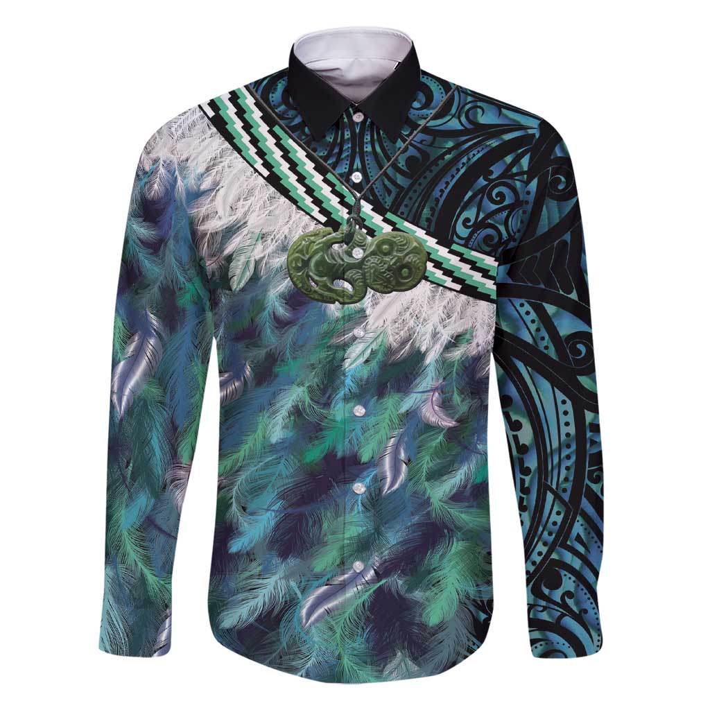 Turquoise Traditional Cloak Aotearoa Family Matching Short Sleeve Bodycon Dress and Hawaiian Shirt Maori Paua Shell Korowai Pattern LT14 Dad's Shirt - Long Sleeve Turquoise - Polynesian Pride