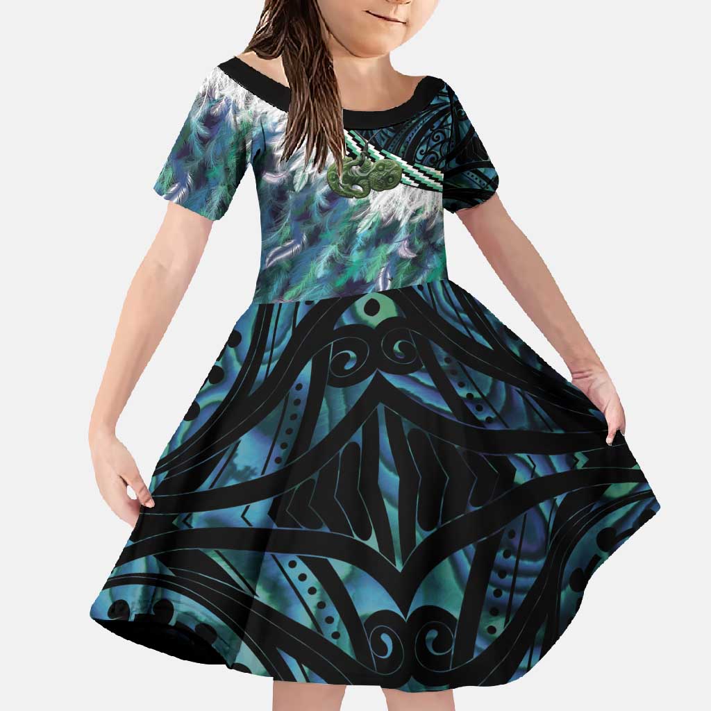 Turquoise Traditional Cloak Aotearoa Family Matching Summer Maxi Dress and Hawaiian Shirt Maori Paua Shell Korowai Pattern LT14 Daughter's Dress Turquoise - Polynesian Pride