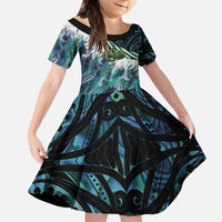 Turquoise Traditional Cloak Aotearoa Family Matching Summer Maxi Dress and Hawaiian Shirt Maori Paua Shell Korowai Pattern LT14 Daughter's Dress Turquoise - Polynesian Pride