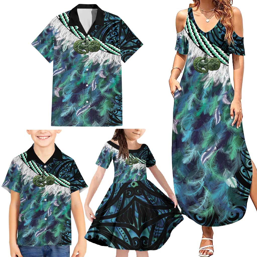 Turquoise Traditional Cloak Aotearoa Family Matching Summer Maxi Dress and Hawaiian Shirt Maori Paua Shell Korowai Pattern LT14 - Polynesian Pride