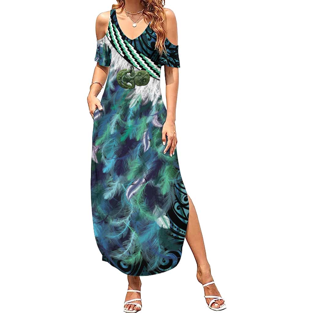 Turquoise Traditional Cloak Aotearoa Family Matching Summer Maxi Dress and Hawaiian Shirt Maori Paua Shell Korowai Pattern LT14 Mom's Dress Turquoise - Polynesian Pride