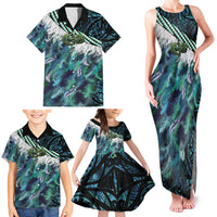 Turquoise Traditional Cloak Aotearoa Family Matching Tank Maxi Dress and Hawaiian Shirt Maori Paua Shell Korowai Pattern LT14 - Polynesian Pride