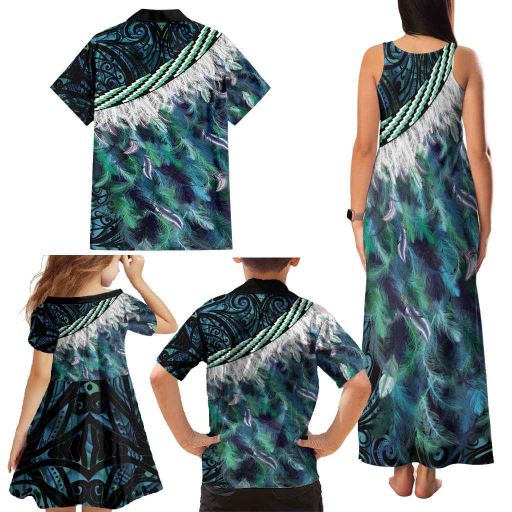 Turquoise Traditional Cloak Aotearoa Family Matching Tank Maxi Dress and Hawaiian Shirt Maori Paua Shell Korowai Pattern LT14 - Polynesian Pride