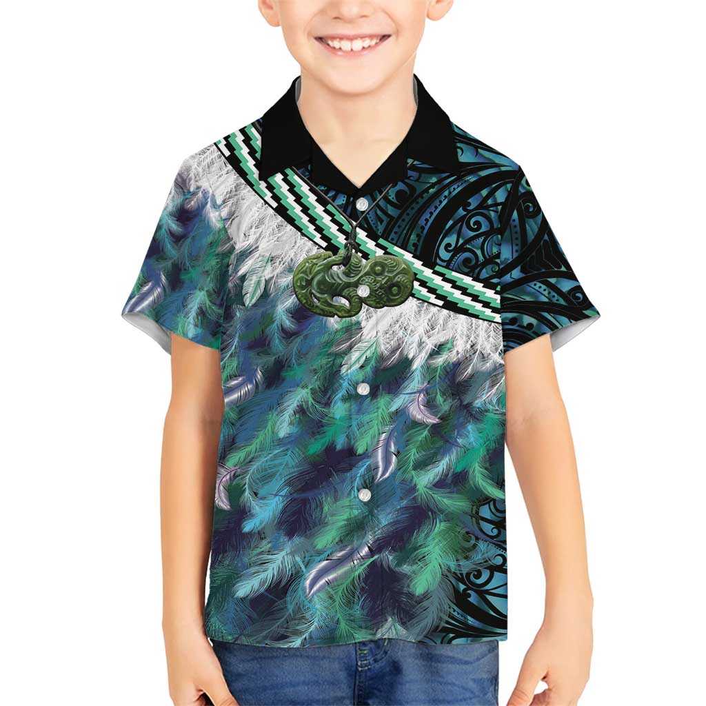 Turquoise Traditional Cloak Aotearoa Family Matching Tank Maxi Dress and Hawaiian Shirt Maori Paua Shell Korowai Pattern LT14 Son's Shirt Turquoise - Polynesian Pride