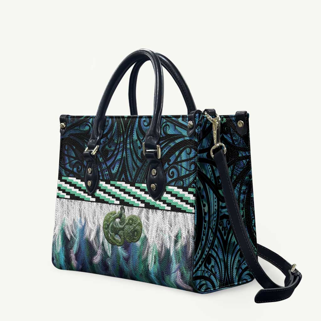 Turquoise Traditional Cloak Aotearoa Leather Bag Maori Paua Shell Korowai Pattern - Polynesian Pride