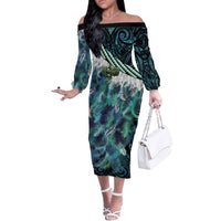 Turquoise Traditional Cloak Aotearoa Off The Shoulder Long Sleeve Dress Maori Paua Shell Korowai Pattern