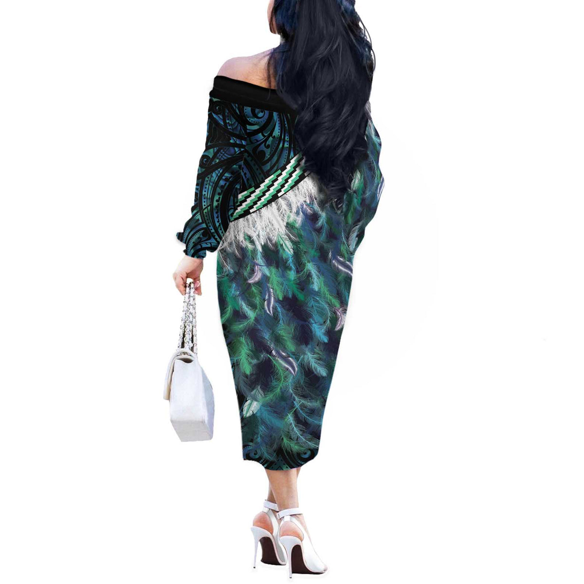 Turquoise Traditional Cloak Aotearoa Off The Shoulder Long Sleeve Dress Maori Paua Shell Korowai Pattern