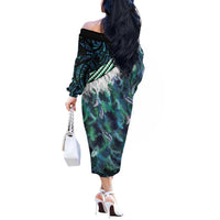 Turquoise Traditional Cloak Aotearoa Off The Shoulder Long Sleeve Dress Maori Paua Shell Korowai Pattern