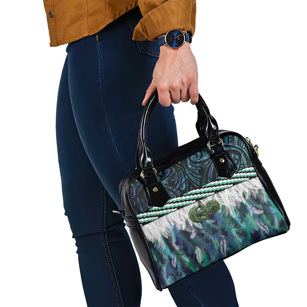 Turquoise Traditional Cloak Aotearoa Shoulder Handbag Maori Paua Shell Korowai Pattern