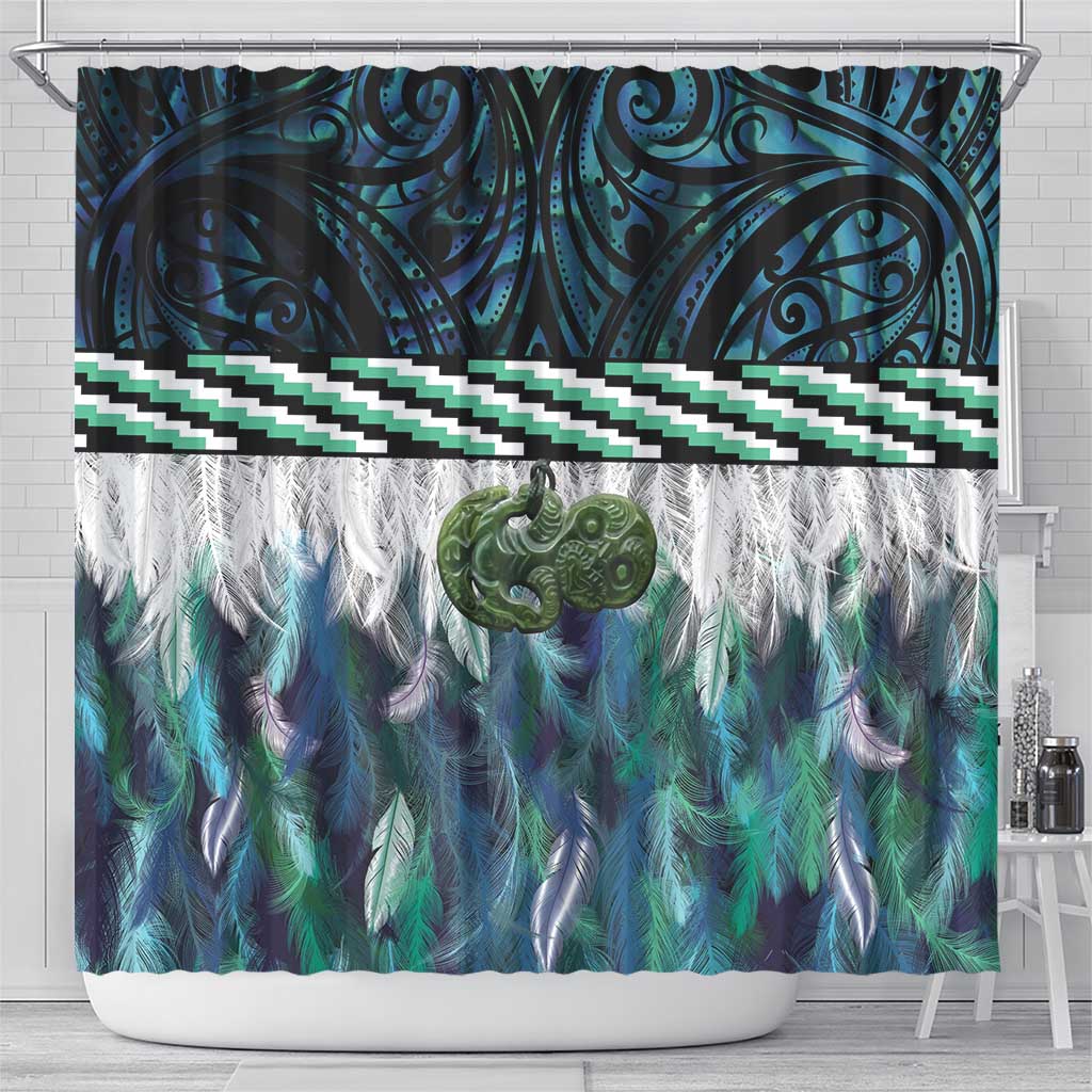 Turquoise Traditional Cloak Aotearoa Shower Curtain Maori Paua Shell Korowai Pattern LT14 - Polynesian Pride