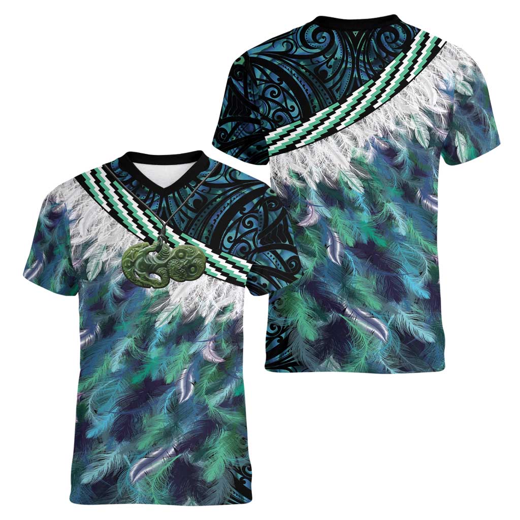 Turquoise Traditional Cloak Aotearoa Women V-Neck T-Shirt Maori Paua Shell Korowai Pattern