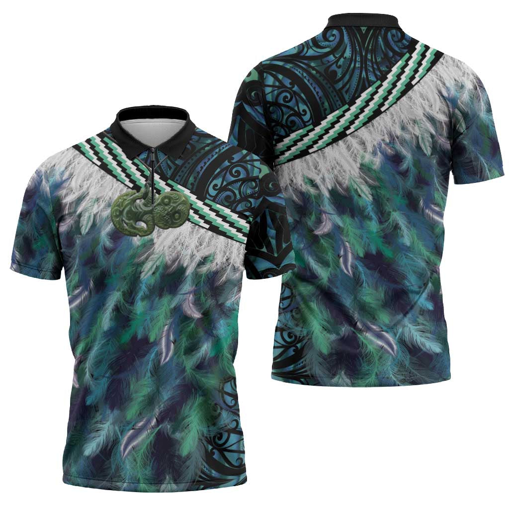 Turquoise Traditional Cloak Aotearoa Zipper Polo Shirt Maori Paua Shell Korowai Pattern - Polynesian Pride