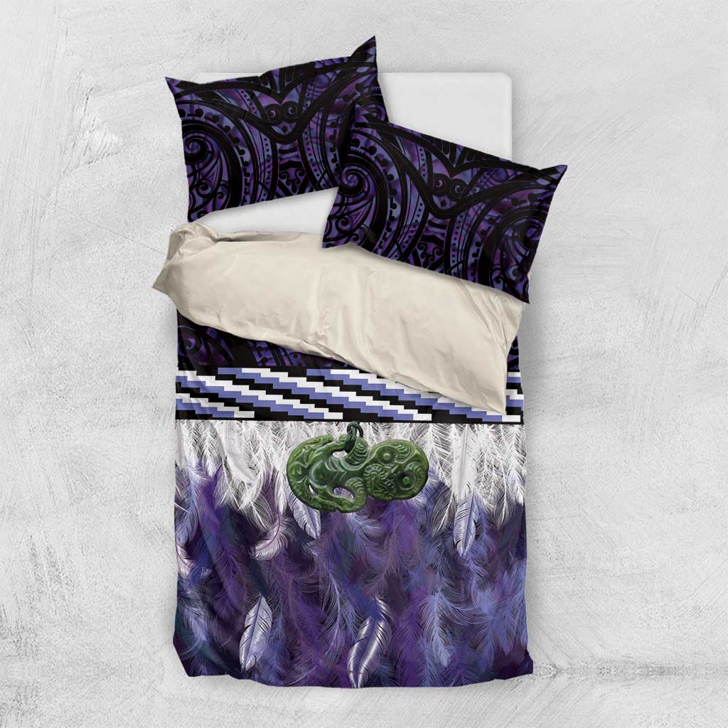 Purple Traditional Cloak Aotearoa Bedding Set Maori Paua Shell Korowai Pattern