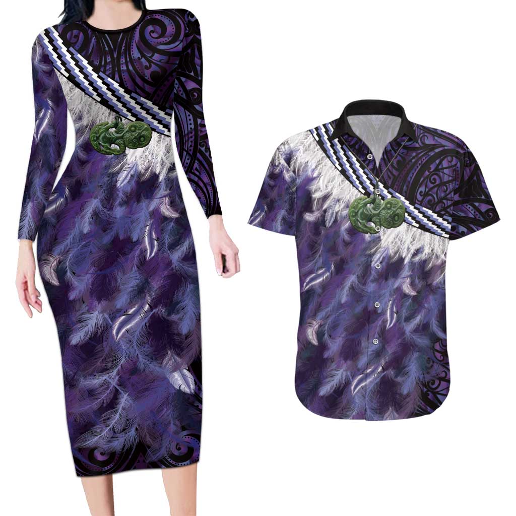 Purple Traditional Cloak Aotearoa Couples Matching Long Sleeve Bodycon Dress and Hawaiian Shirt Maori Paua Shell Korowai Pattern LT14 Purple - Polynesian Pride
