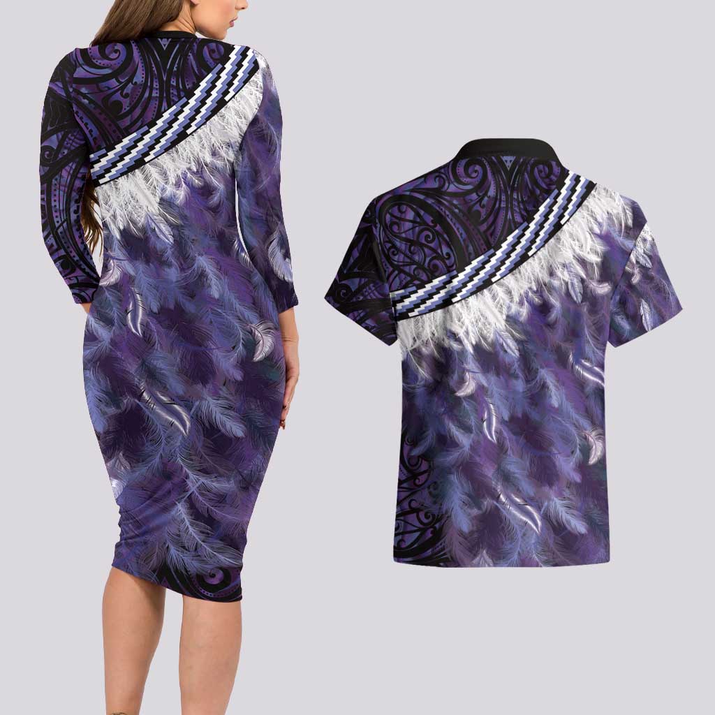 Purple Traditional Cloak Aotearoa Couples Matching Long Sleeve Bodycon Dress and Hawaiian Shirt Maori Paua Shell Korowai Pattern LT14 - Polynesian Pride
