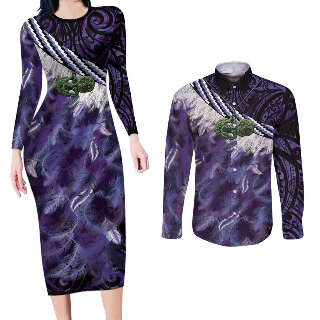 Purple Traditional Cloak Aotearoa Couples Matching Long Sleeve Bodycon Dress and Long Sleeve Button Shirt Maori Paua Shell Korowai Pattern LT14 Purple - Polynesian Pride