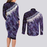 Purple Traditional Cloak Aotearoa Couples Matching Long Sleeve Bodycon Dress and Long Sleeve Button Shirt Maori Paua Shell Korowai Pattern LT14 - Polynesian Pride
