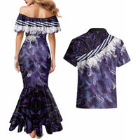 Purple Traditional Cloak Aotearoa Couples Matching Mermaid Dress and Hawaiian Shirt Maori Paua Shell Korowai Pattern LT14 - Polynesian Pride