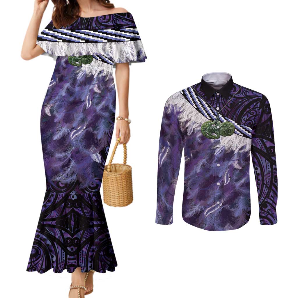 Purple Traditional Cloak Aotearoa Couples Matching Mermaid Dress and Long Sleeve Button Shirt Maori Paua Shell Korowai Pattern LT14 Purple - Polynesian Pride