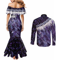 Purple Traditional Cloak Aotearoa Couples Matching Mermaid Dress and Long Sleeve Button Shirt Maori Paua Shell Korowai Pattern LT14 - Polynesian Pride