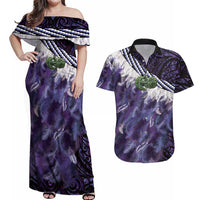 Purple Traditional Cloak Aotearoa Couples Matching Off Shoulder Maxi Dress and Hawaiian Shirt Maori Paua Shell Korowai Pattern LT14 Purple - Polynesian Pride
