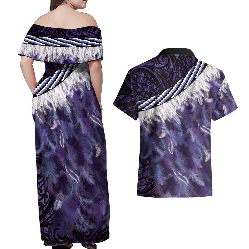 Purple Traditional Cloak Aotearoa Couples Matching Off Shoulder Maxi Dress and Hawaiian Shirt Maori Paua Shell Korowai Pattern LT14 - Polynesian Pride