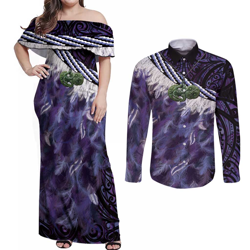 Purple Traditional Cloak Aotearoa Couples Matching Off Shoulder Maxi Dress and Long Sleeve Button Shirt Maori Paua Shell Korowai Pattern