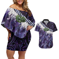 Purple Traditional Cloak Aotearoa Couples Matching Off Shoulder Short Dress and Hawaiian Shirt Maori Paua Shell Korowai Pattern LT14 Purple - Polynesian Pride