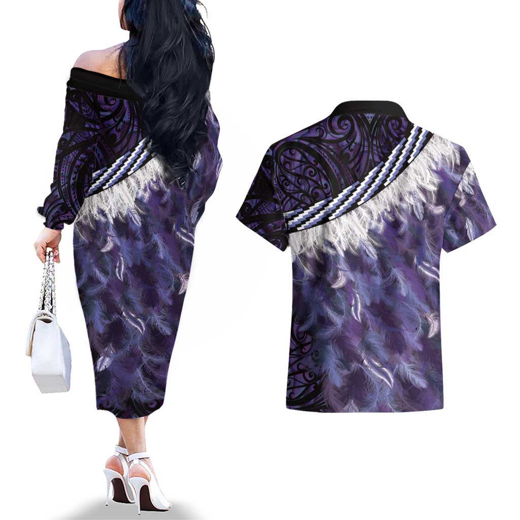 Purple Traditional Cloak Aotearoa Couples Matching Off The Shoulder Long Sleeve Dress and Hawaiian Shirt Maori Paua Shell Korowai Pattern LT14 - Polynesian Pride