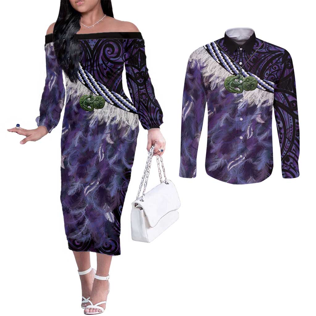 Purple Traditional Cloak Aotearoa Couples Matching Off The Shoulder Long Sleeve Dress and Long Sleeve Button Shirt Maori Paua Shell Korowai Pattern LT14 Purple - Polynesian Pride