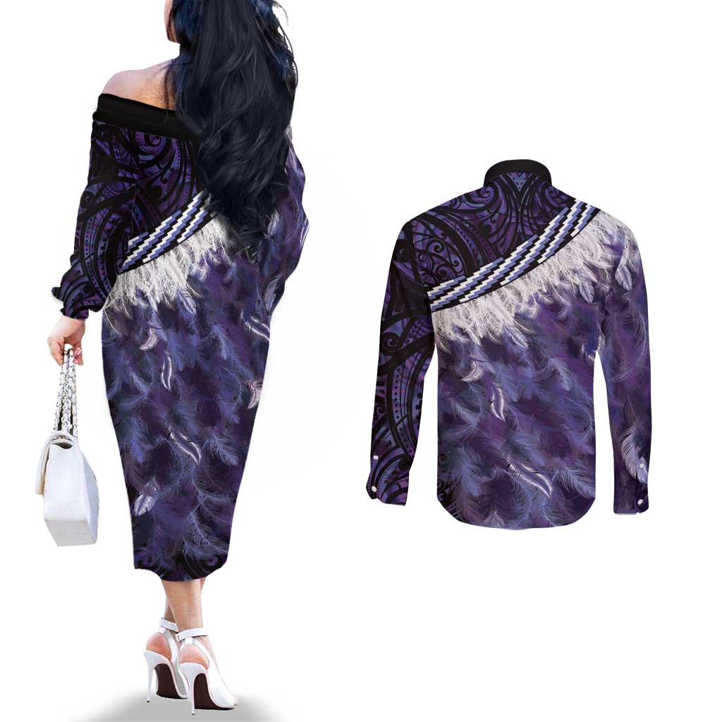Purple Traditional Cloak Aotearoa Couples Matching Off The Shoulder Long Sleeve Dress and Long Sleeve Button Shirt Maori Paua Shell Korowai Pattern LT14 - Polynesian Pride