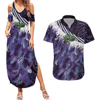 Purple Traditional Cloak Aotearoa Couples Matching Summer Maxi Dress and Hawaiian Shirt Maori Paua Shell Korowai Pattern LT14 Purple - Polynesian Pride