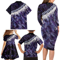 Purple Traditional Cloak Aotearoa Family Matching Long Sleeve Bodycon Dress and Hawaiian Shirt Maori Paua Shell Korowai Pattern LT14 - Polynesian Pride