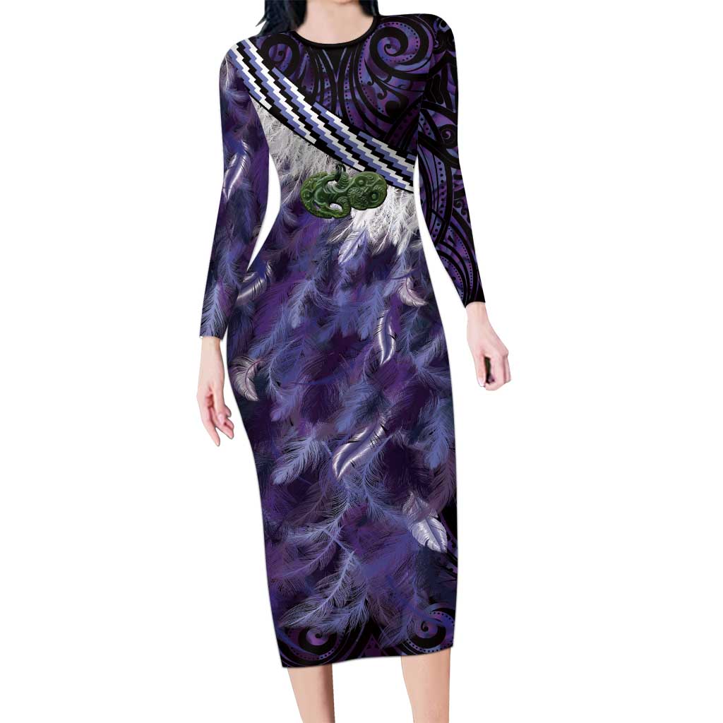 Purple Traditional Cloak Aotearoa Family Matching Long Sleeve Bodycon Dress and Hawaiian Shirt Maori Paua Shell Korowai Pattern LT14 Mom's Dress Purple - Polynesian Pride