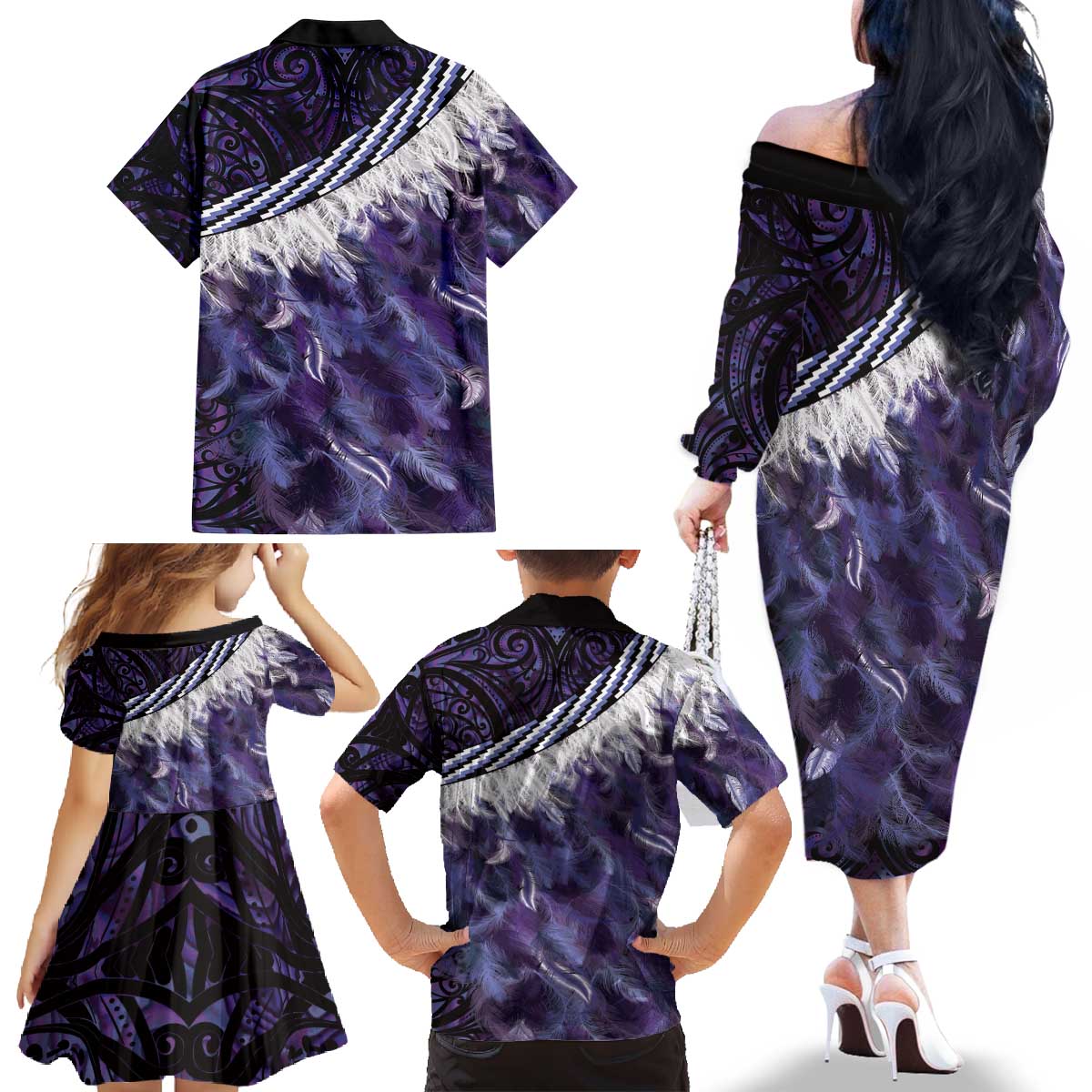 Purple Traditional Cloak Aotearoa Family Matching Off The Shoulder Long Sleeve Dress and Hawaiian Shirt Maori Paua Shell Korowai Pattern LT14 - Polynesian Pride