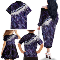 Purple Traditional Cloak Aotearoa Family Matching Off The Shoulder Long Sleeve Dress and Hawaiian Shirt Maori Paua Shell Korowai Pattern LT14 - Polynesian Pride