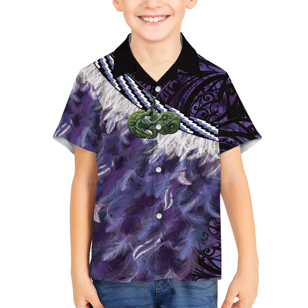Purple Traditional Cloak Aotearoa Family Matching Off The Shoulder Long Sleeve Dress and Hawaiian Shirt Maori Paua Shell Korowai Pattern LT14 Son's Shirt Purple - Polynesian Pride